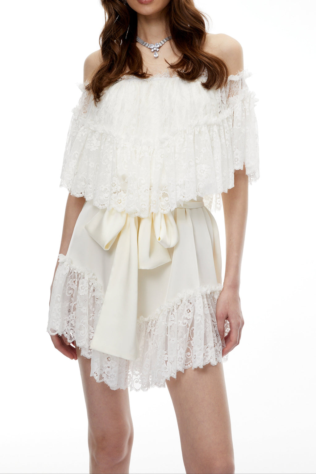 Off Shoulder Ruffled Lace Satin Bow Two Piece Short Set poava