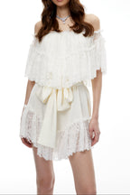 Off Shoulder Ruffled Lace Satin Bow Two Piece Short Set poava