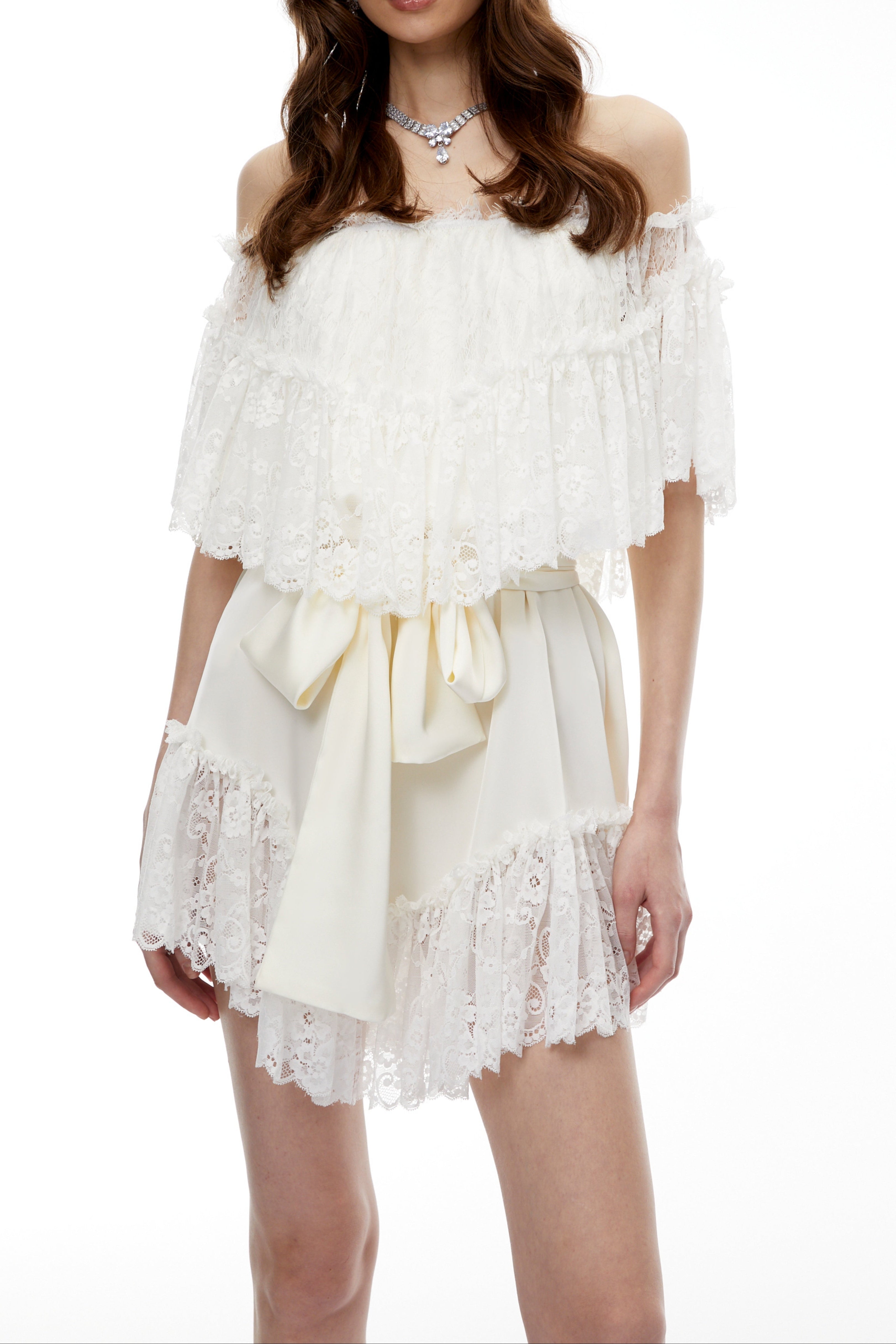 Off Shoulder Ruffled Lace Satin Bow Two Piece Short Set poava
