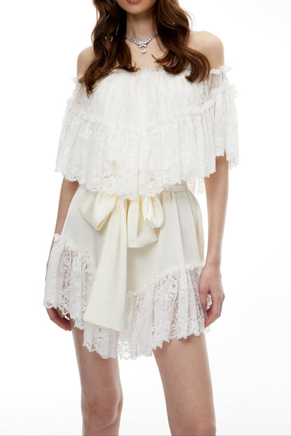Off Shoulder Ruffled Lace Satin Bow Two Piece Short Set poava