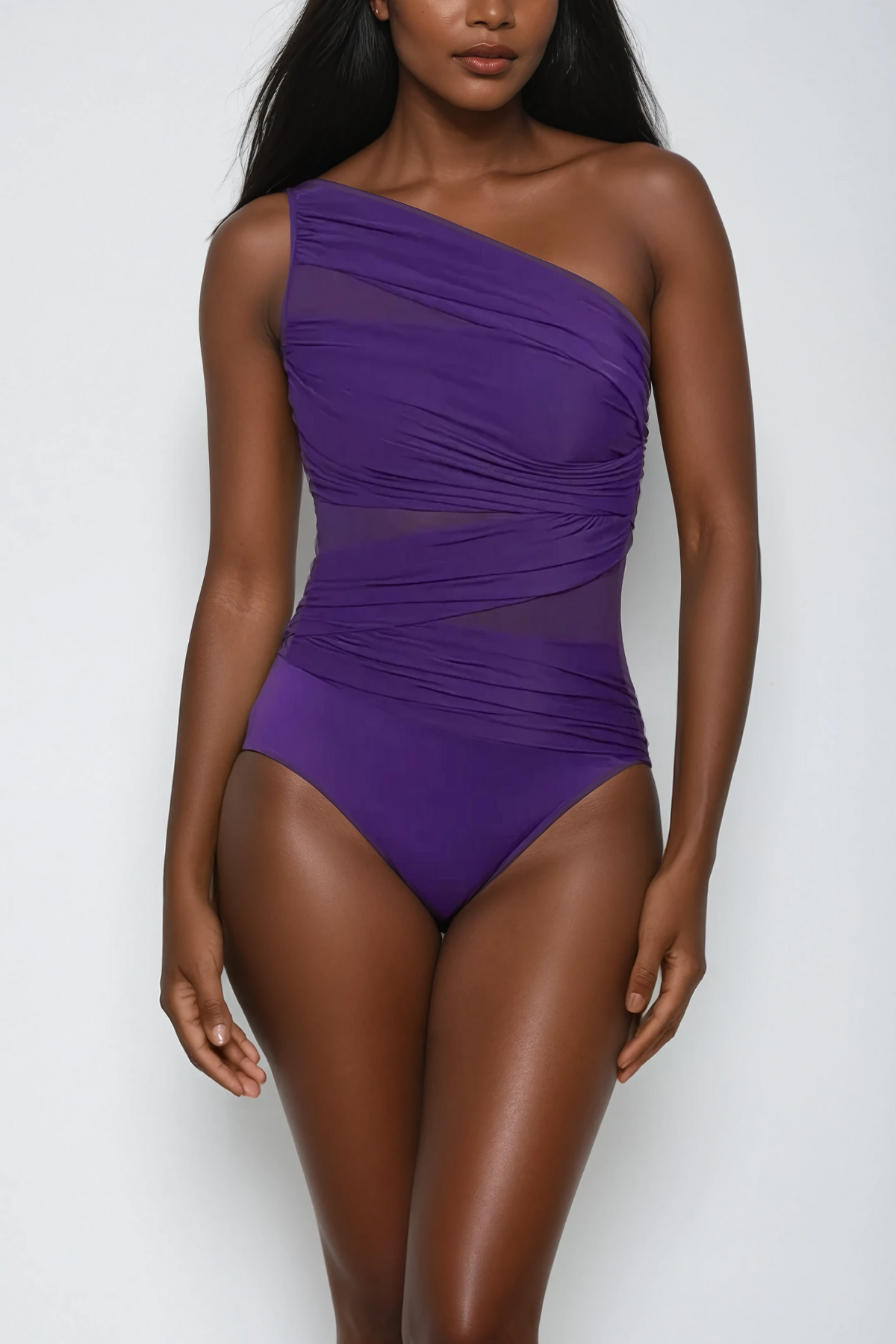 Mamie Single Shoulder Mesh Ruch Swimsuit In Purple Avalabel