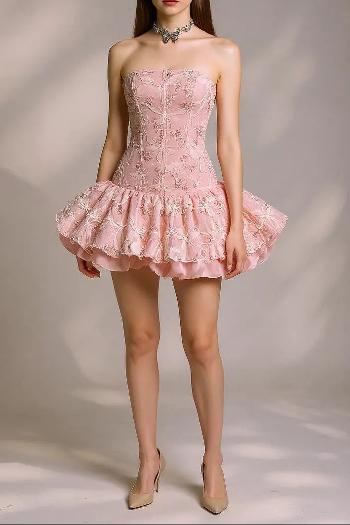 katherine Embroidered Lace Ruffle Mini Dress in pink Avalabel