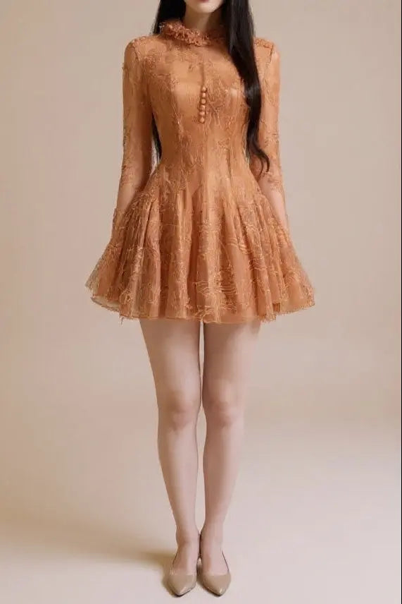 Embroidered Flared long sleeve Mini Dress Avalabel