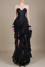 sabrina Ruffle Crystal strapless midi dress in black Avalabel