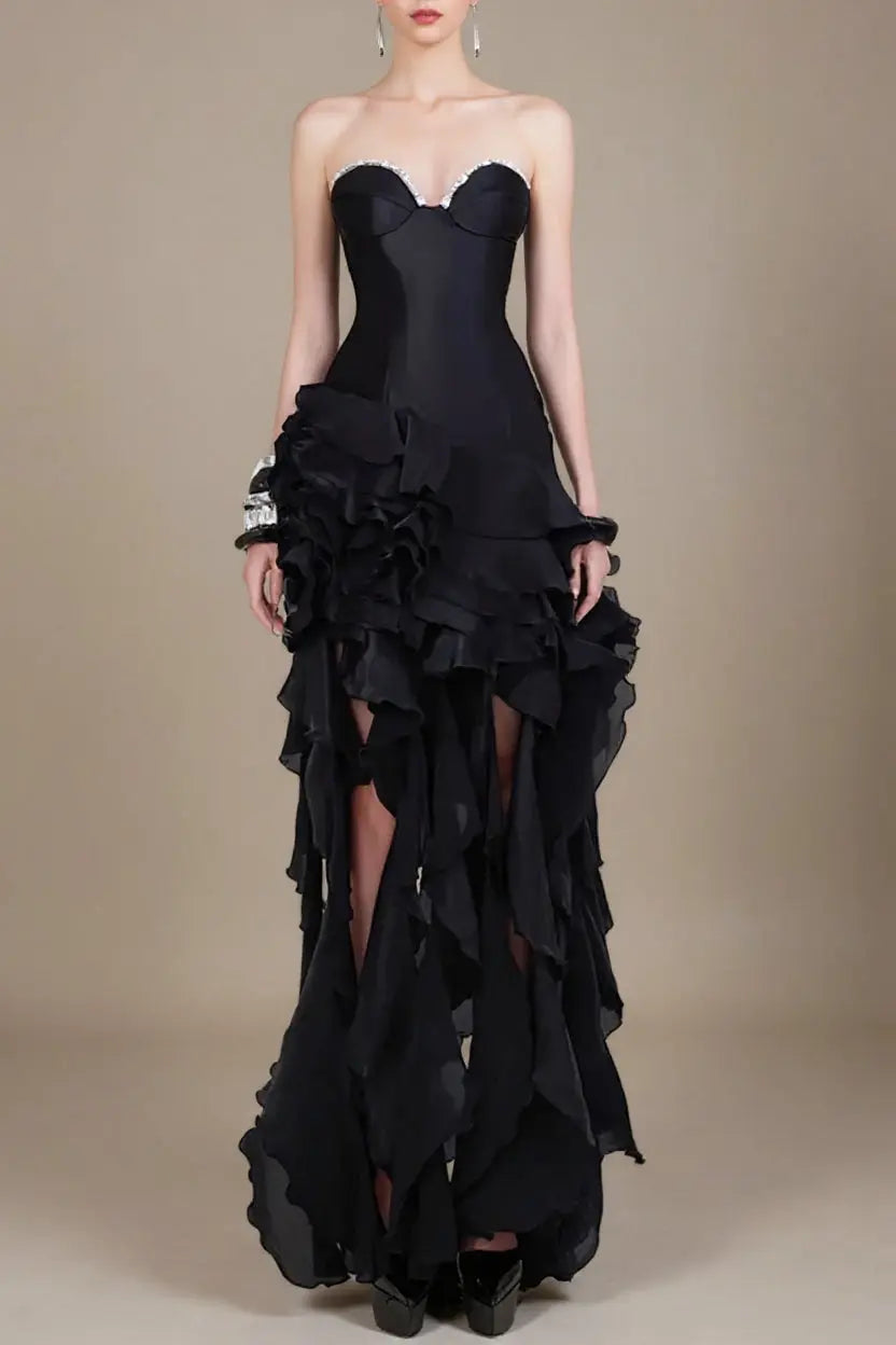 sabrina Ruffle Crystal strapless midi dress in black Avalabel