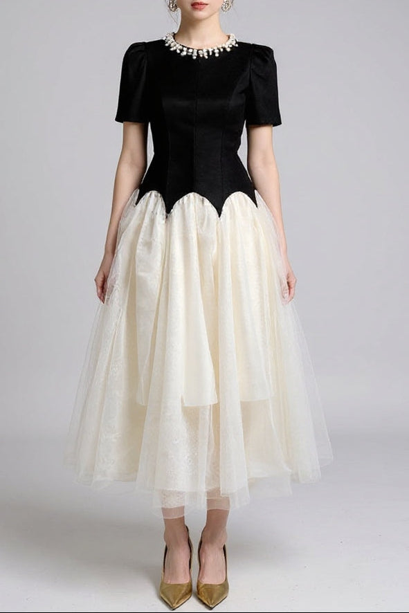 Leona Black-White Two-Tone Rhinestone Neck Tulle Maxi Dress