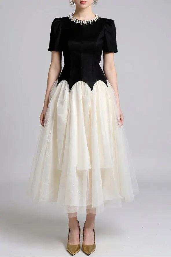 Leona Black-White Two-Tone Rhinestone Neck Tulle Maxi Dress Avalabel