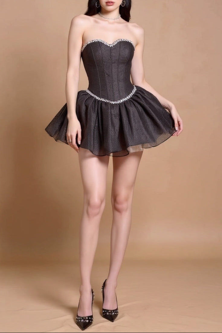 Debby Tube Top Fishbone Mesh Tulle Tutu Mini Dress in Black Avalabel