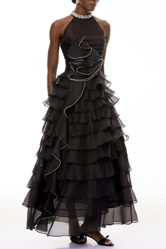 Samantha Black 3D Petal Ruffled Rhinestone Embellished Maxi Dress