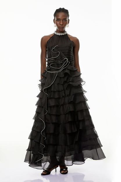 Samantha Black 3D Petal Ruffled Rhinestone Embellished Maxi Dress