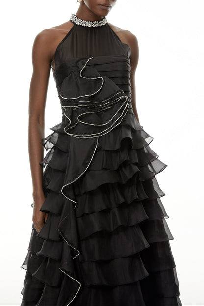 Samantha Black 3D Petal Ruffled Rhinestone Embellished Maxi Dress