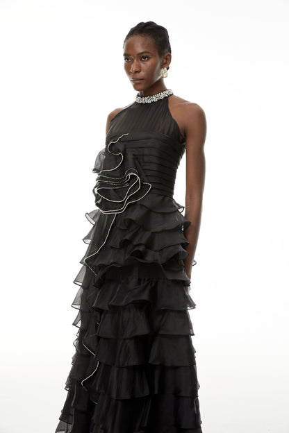 Samantha Black 3D Petal Ruffled Rhinestone Embellished Maxi Dress
