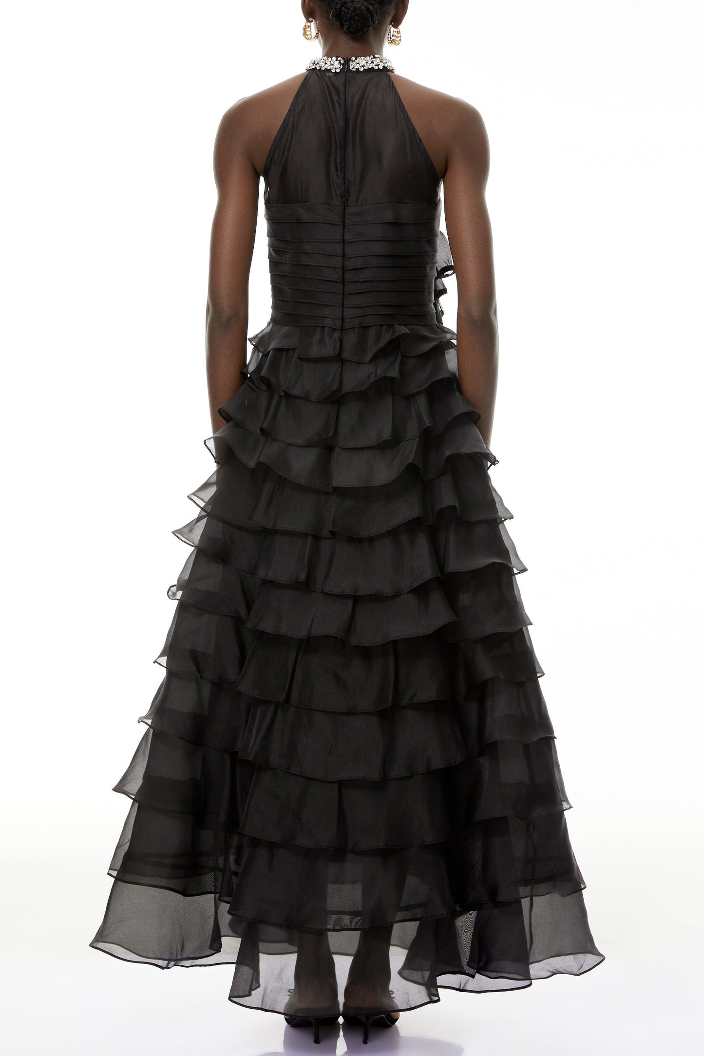 Samantha Black 3D Petal Ruffled Rhinestone Embellished Maxi Dress