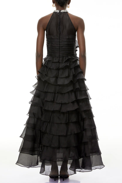 Samantha Black 3D Petal Ruffled Rhinestone Embellished Maxi Dress