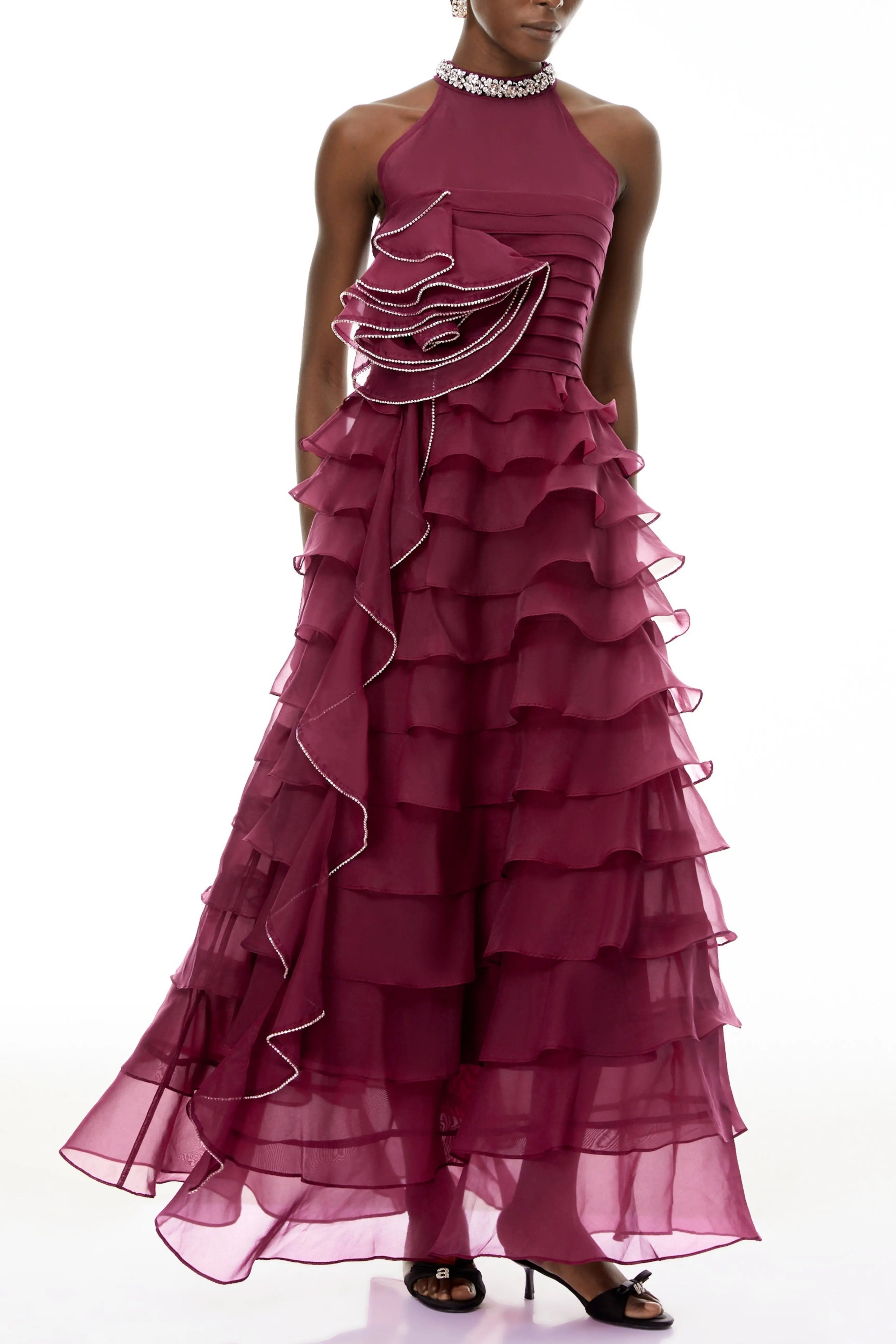 Samantha Red 3D Petal Ruffled Rhinestone Embellished Maxi Dress Avalabel