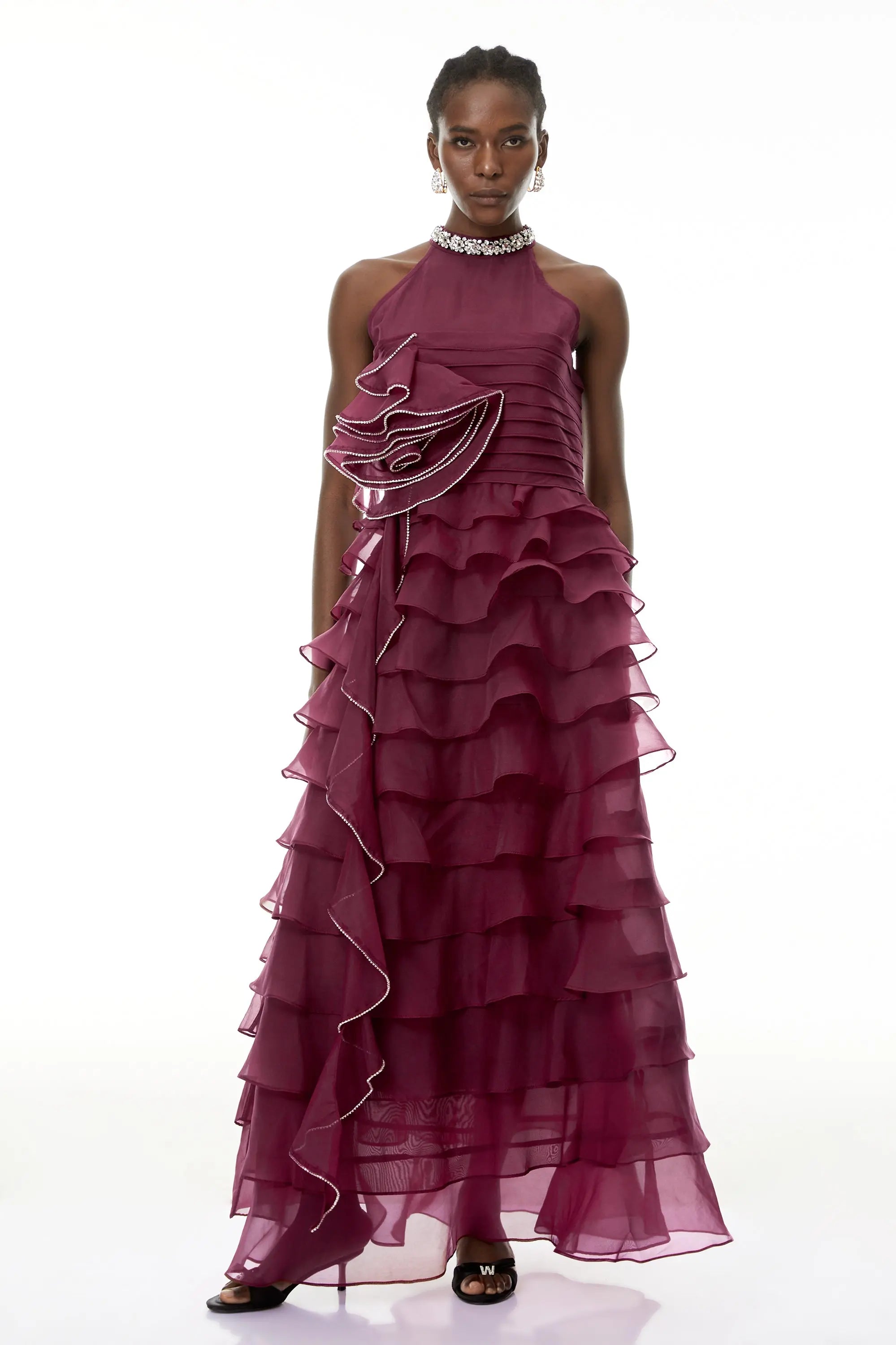 Samantha Red 3D Petal Ruffled Rhinestone Embellished Maxi Dress Avalabel
