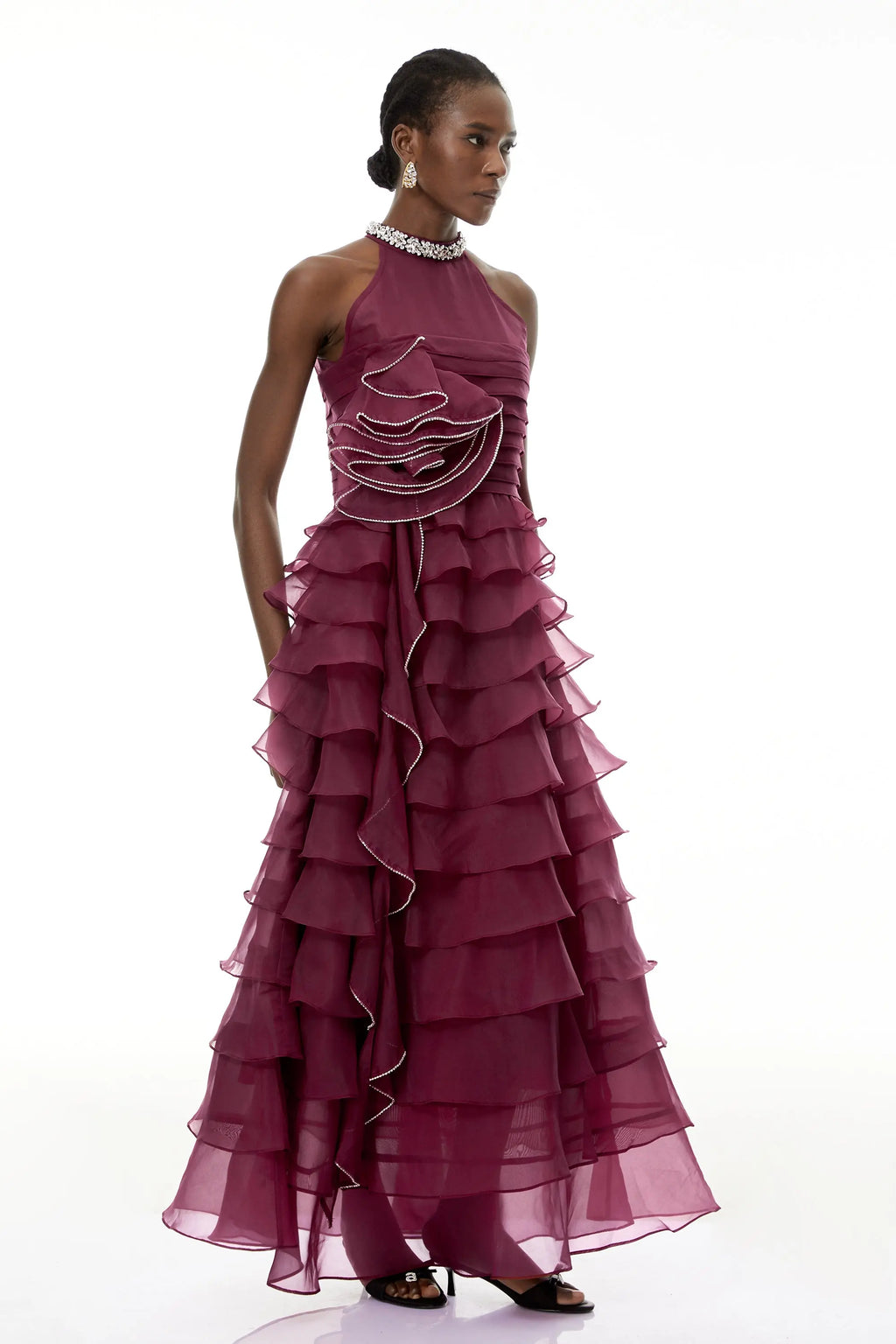 Samantha Red 3D Petal Ruffled Rhinestone Embellished Maxi Dress Avalabel