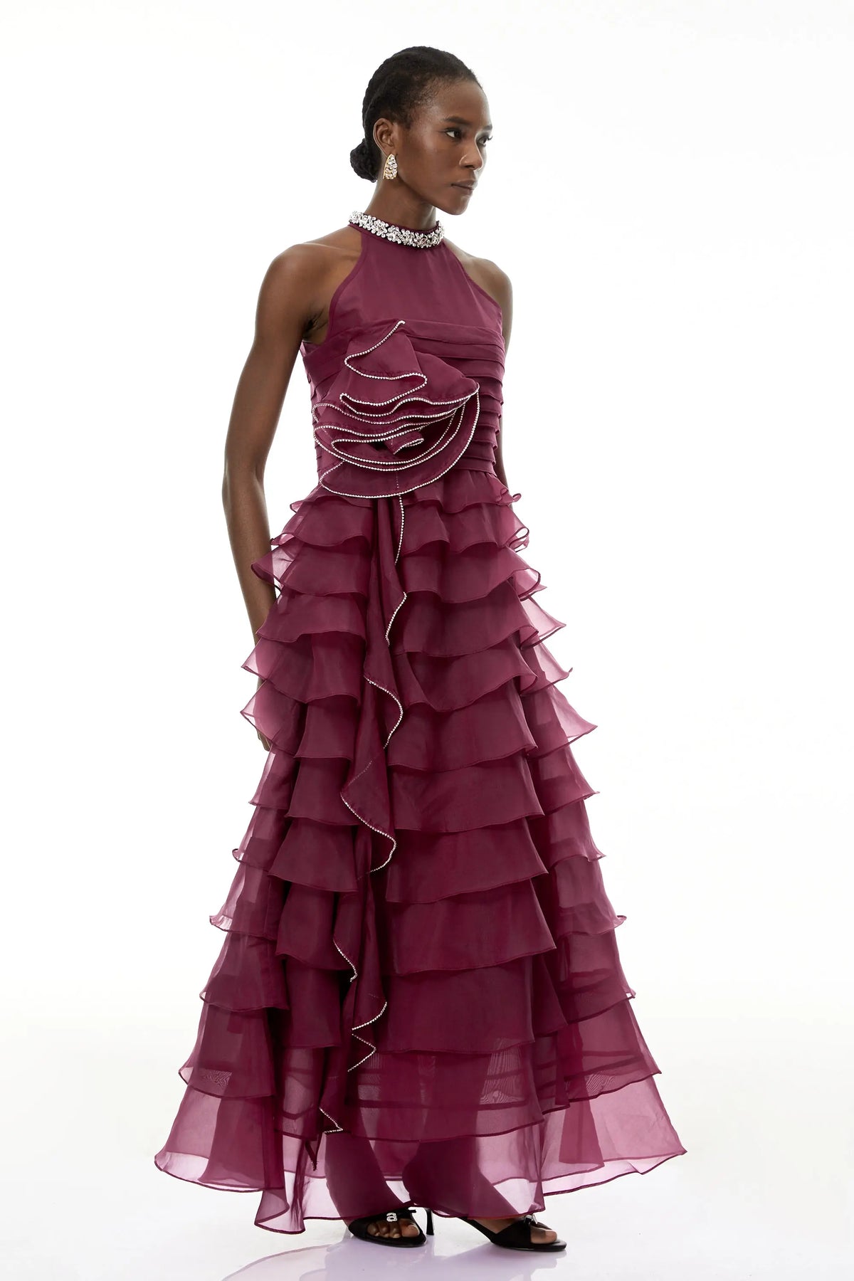 Samantha Red 3D Petal Ruffled Rhinestone Embellished Maxi Dress Avalabel