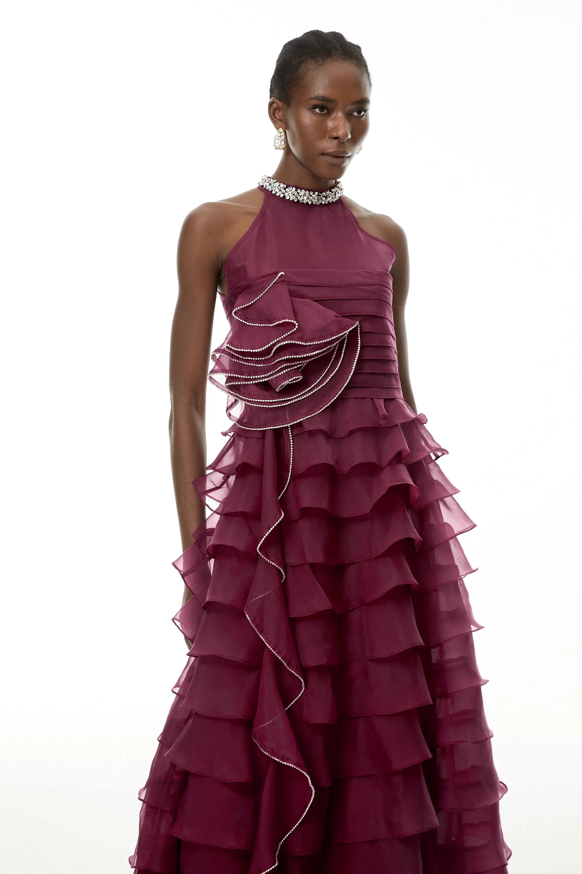 Samantha Red 3D Petal Ruffled Rhinestone Embellished Maxi Dress Avalabel
