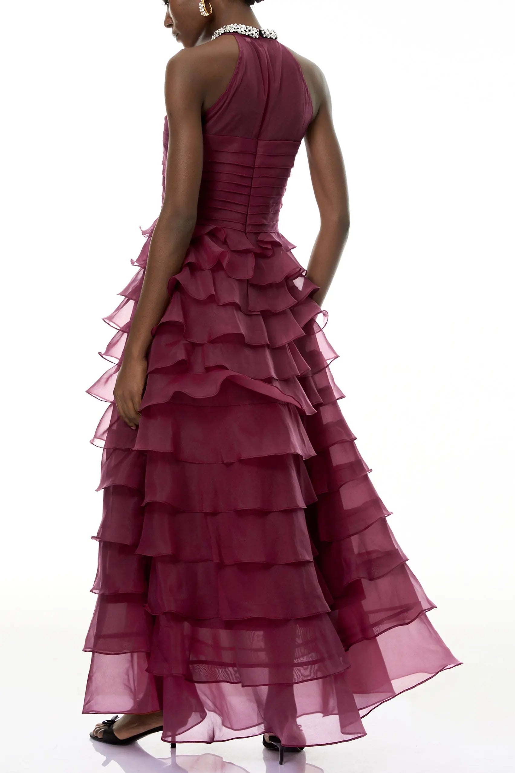 Samantha Red 3D Petal Ruffled Rhinestone Embellished Maxi Dress Avalabel