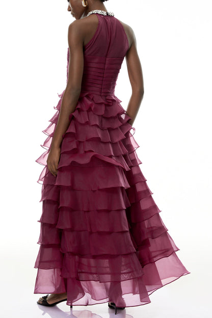 Samantha Red 3D Petal Ruffled Rhinestone Embellished Maxi Dress