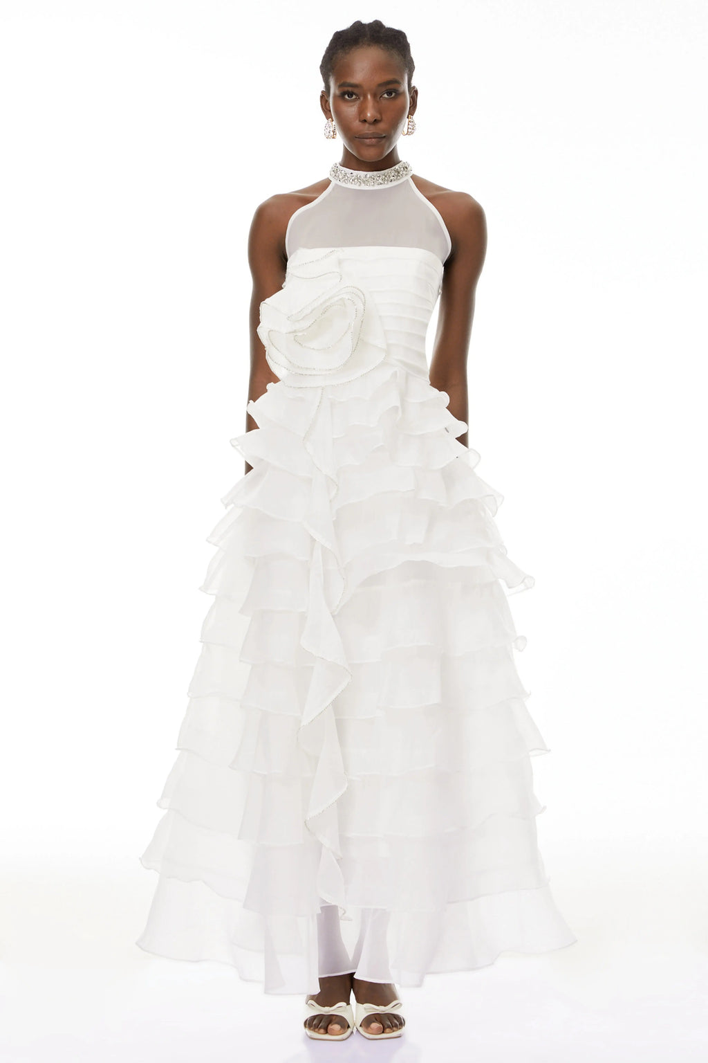 Samantha White 3D Petal Ruffled Rhinestone Embellished Maxi Dress Avalabel