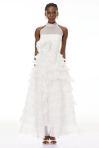 Samantha White 3D Petal Ruffled Rhinestone Embellished Maxi Dress Avalabel