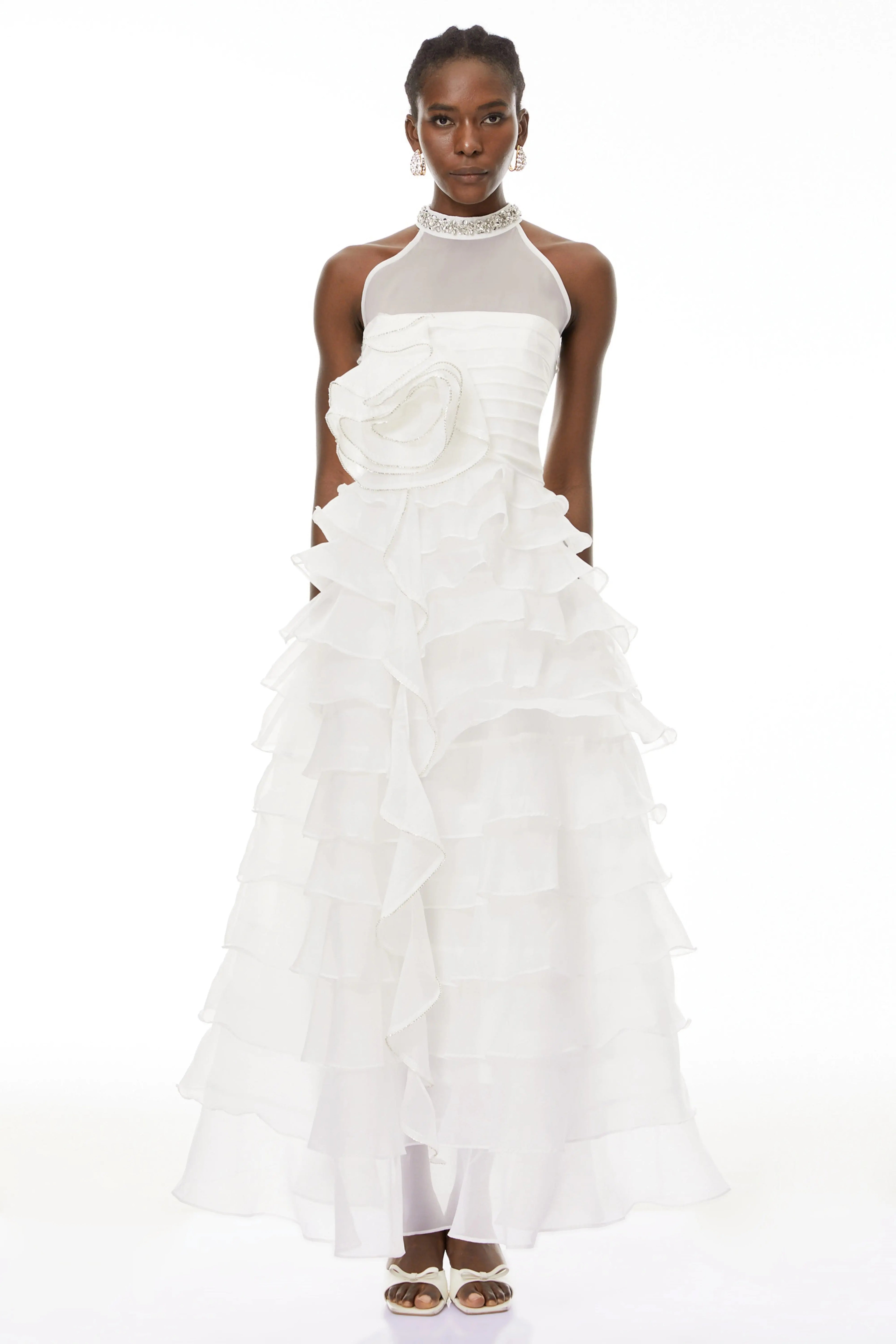 Samantha White 3D Petal Ruffled Rhinestone Embellished Maxi Dress Avalabel