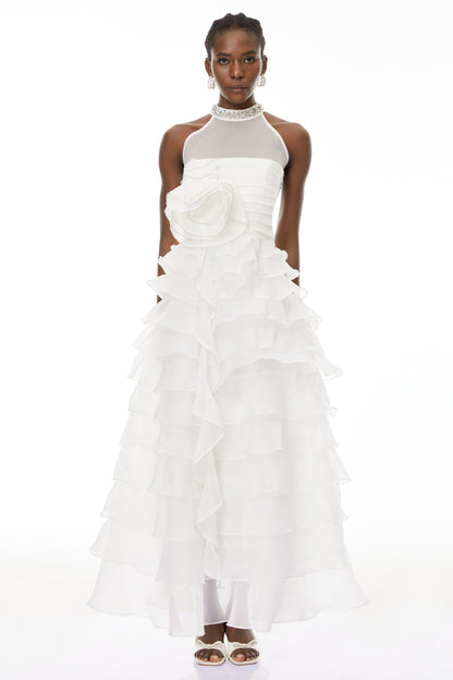 Samantha White 3D Petal Ruffled Rhinestone Embellished Maxi Dress