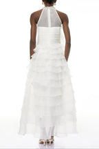 Samantha White 3D Petal Ruffled Rhinestone Embellished Maxi Dress Avalabel