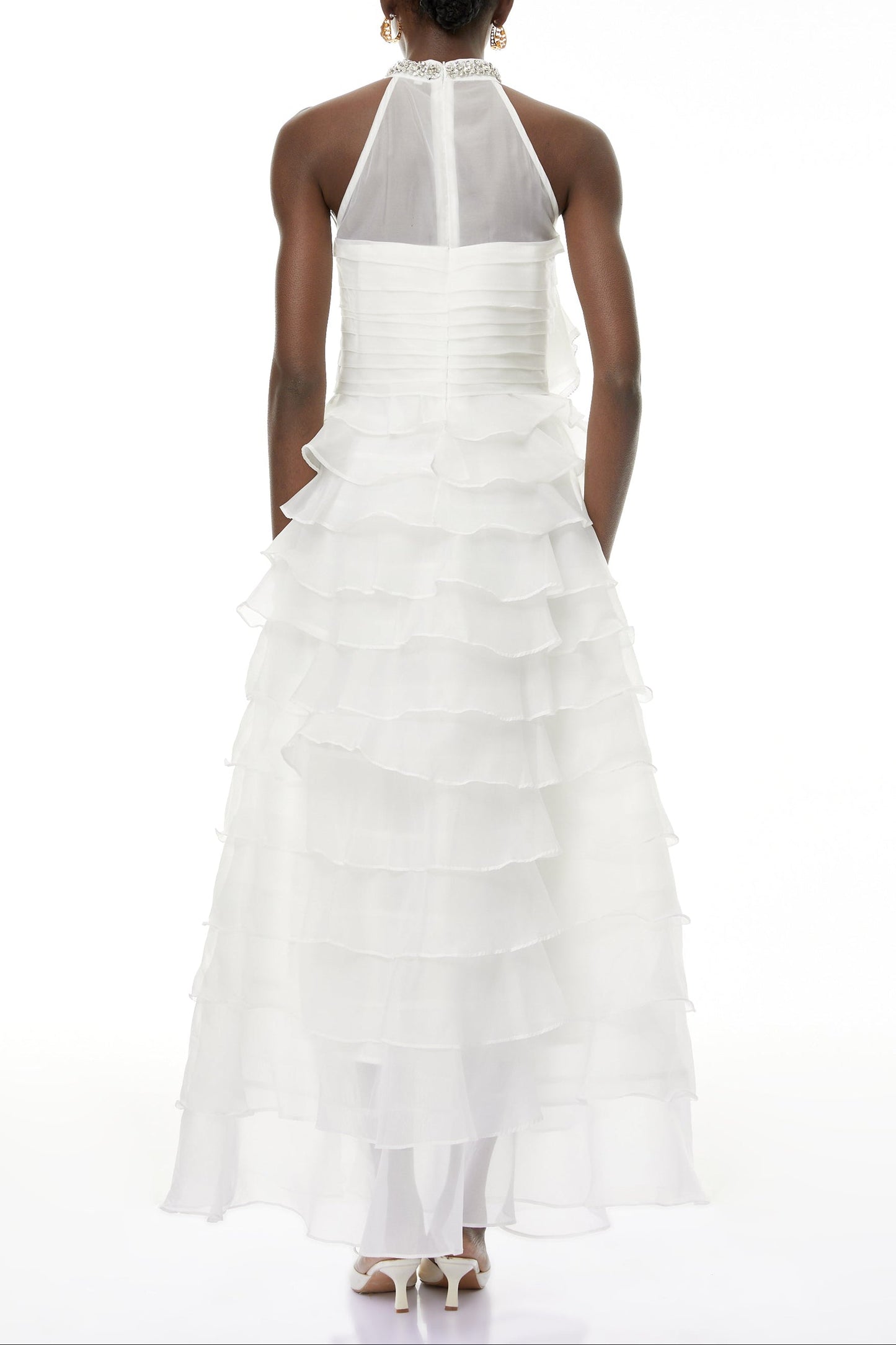 Samantha White 3D Petal Ruffled Rhinestone Embellished Maxi Dress