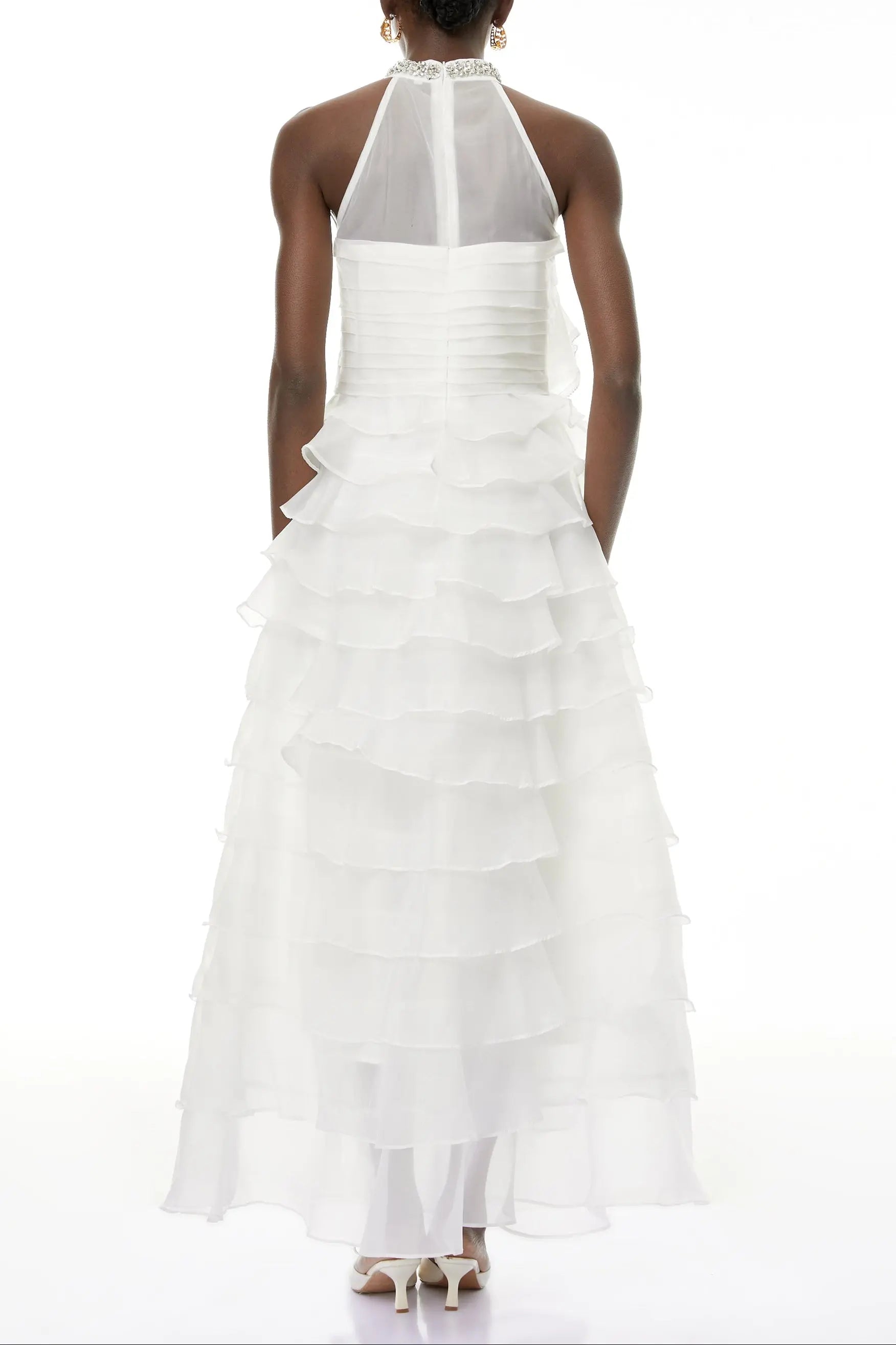 Samantha White 3D Petal Ruffled Rhinestone Embellished Maxi Dress Avalabel