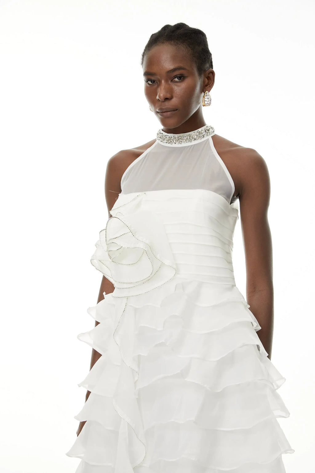 Samantha White 3D Petal Ruffled Rhinestone Embellished Maxi Dress Avalabel