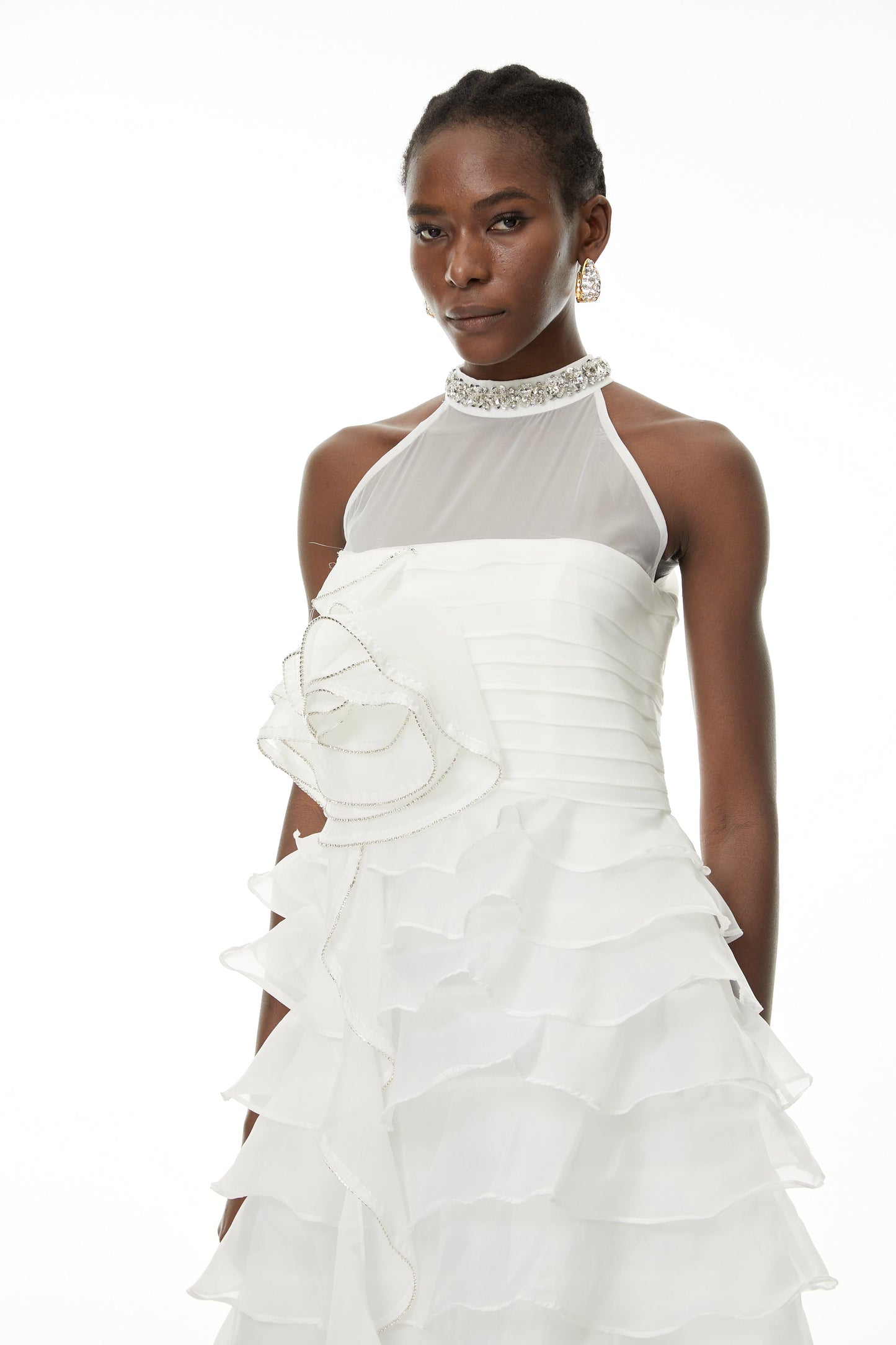 Samantha White 3D Petal Ruffled Rhinestone Embellished Maxi Dress