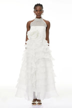 Samantha White 3D Petal Ruffled Rhinestone Embellished Maxi Dress Avalabel