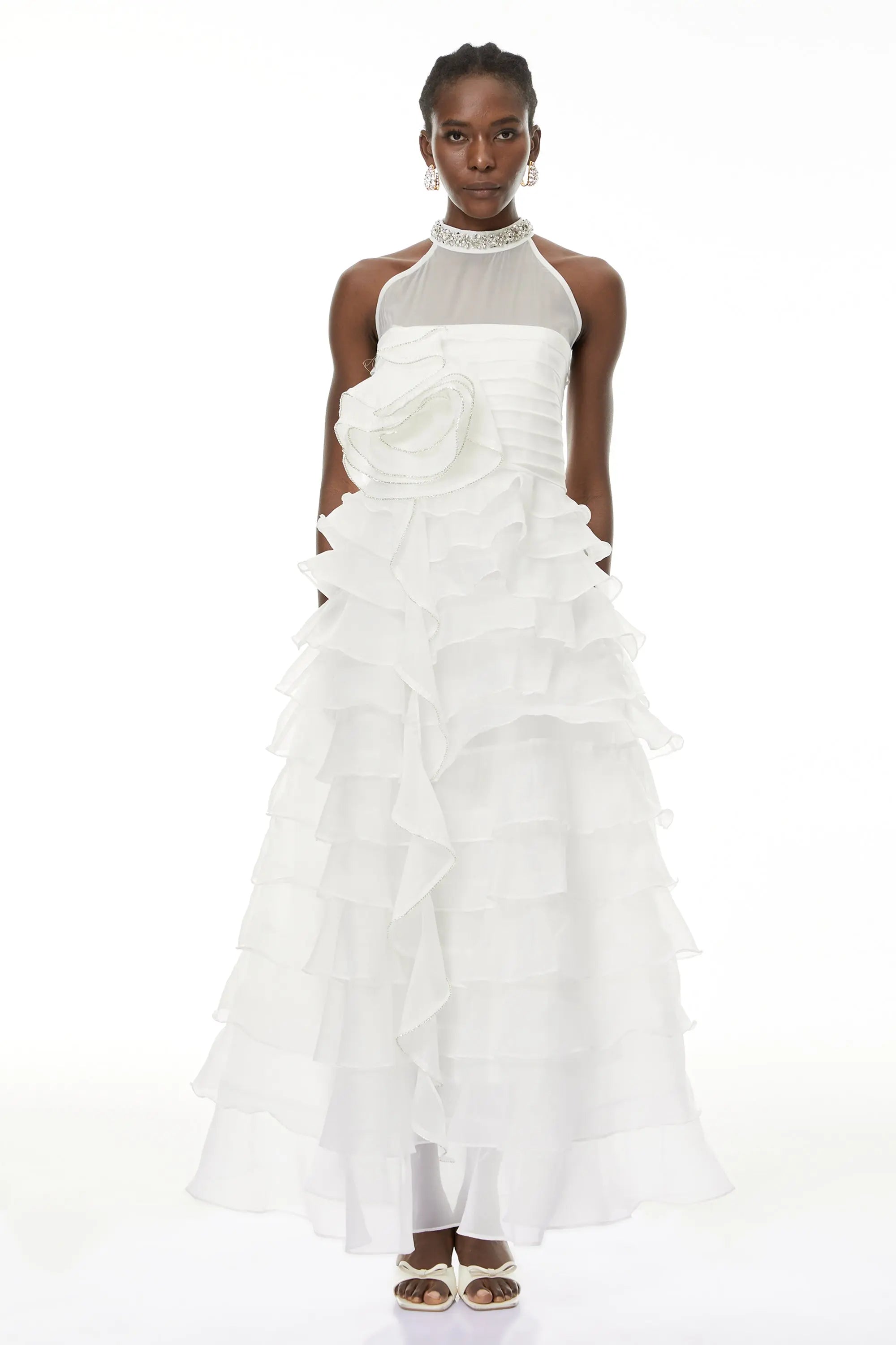 Samantha White 3D Petal Ruffled Rhinestone Embellished Maxi Dress Avalabel
