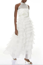 Samantha White 3D Petal Ruffled Rhinestone Embellished Maxi Dress Avalabel