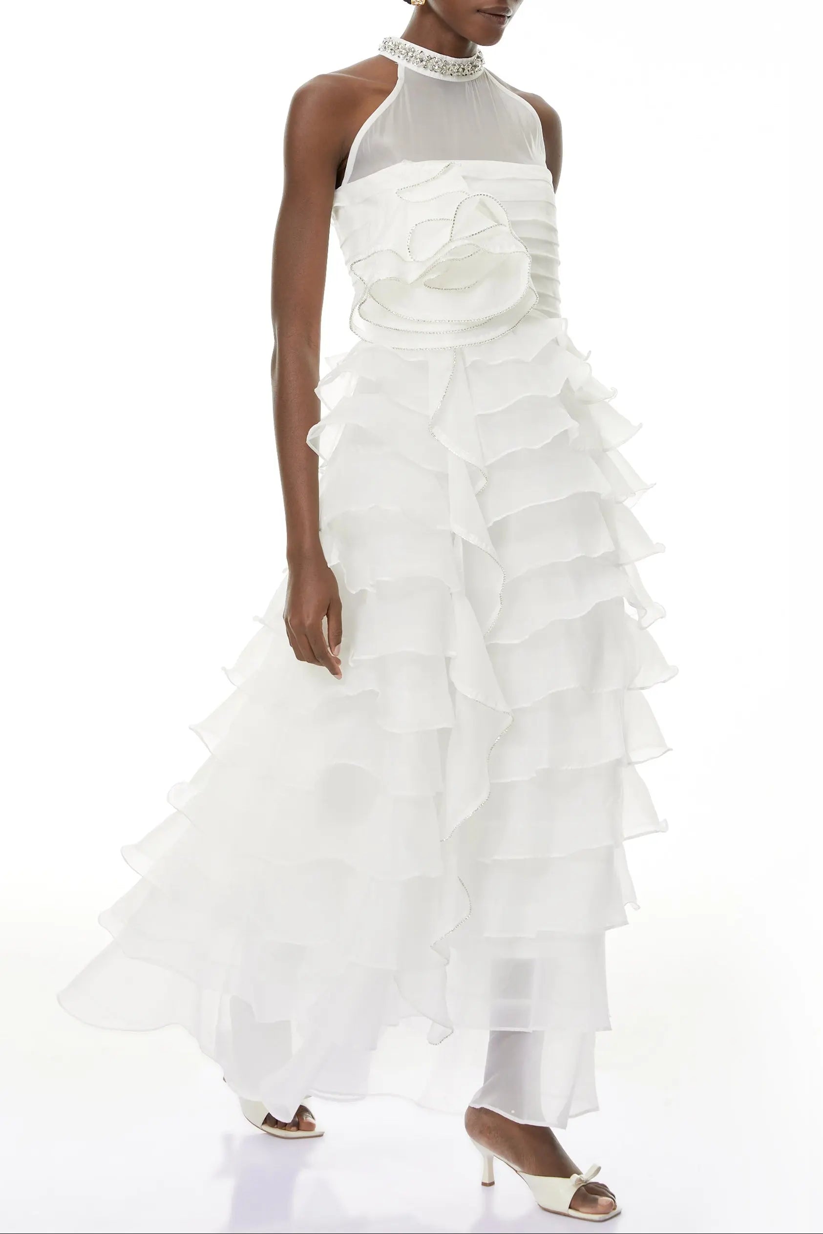 Samantha White 3D Petal Ruffled Rhinestone Embellished Maxi Dress Avalabel