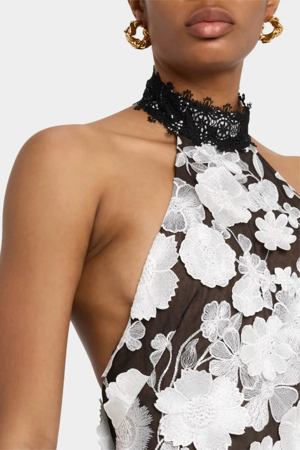 alyssa black Halter Floral Embroidered Midi Dress Avalabel