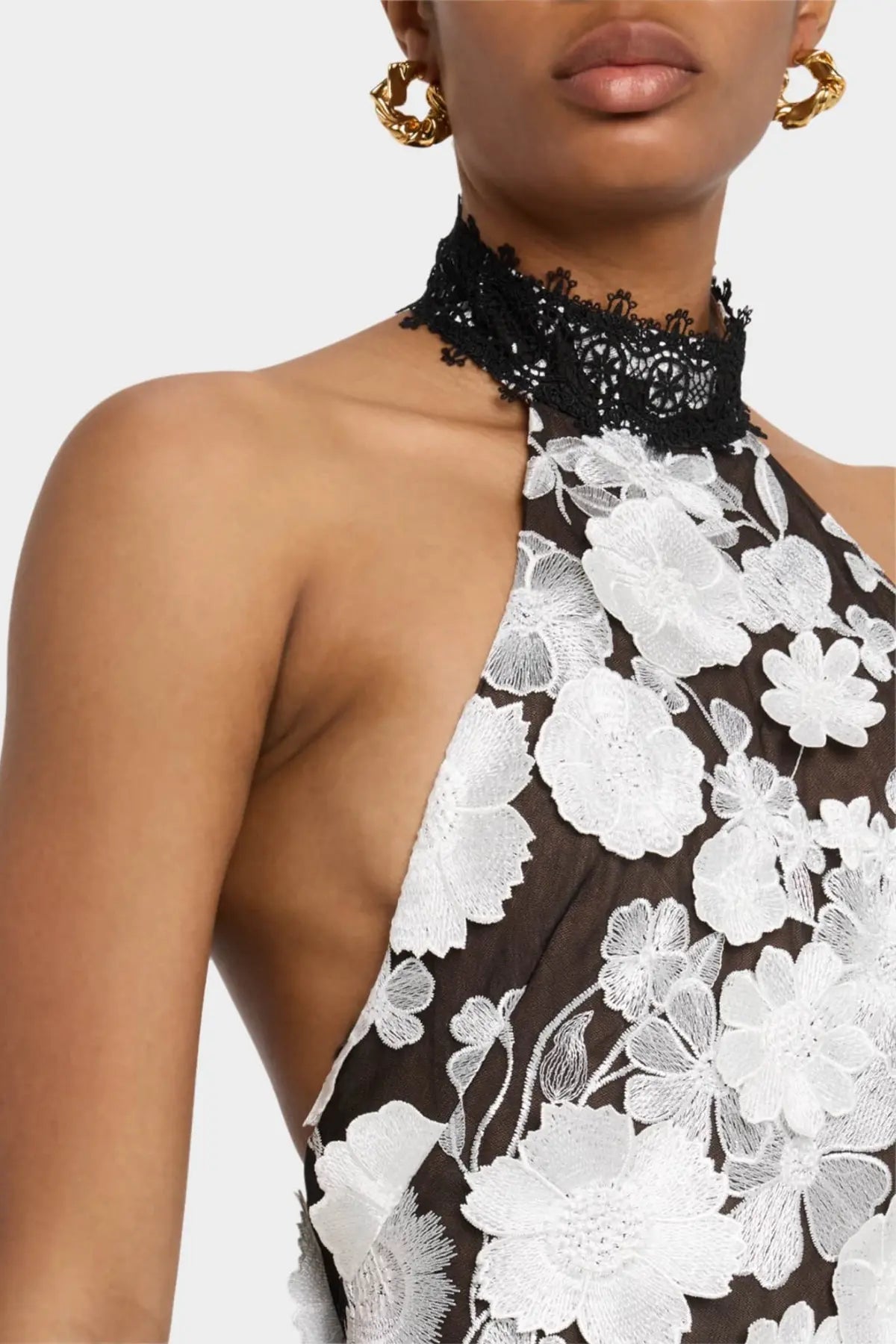 alyssa black Halter Floral Embroidered Midi Dress Avalabel
