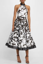 alyssa black Halter Floral Embroidered Midi Dress Avalabel