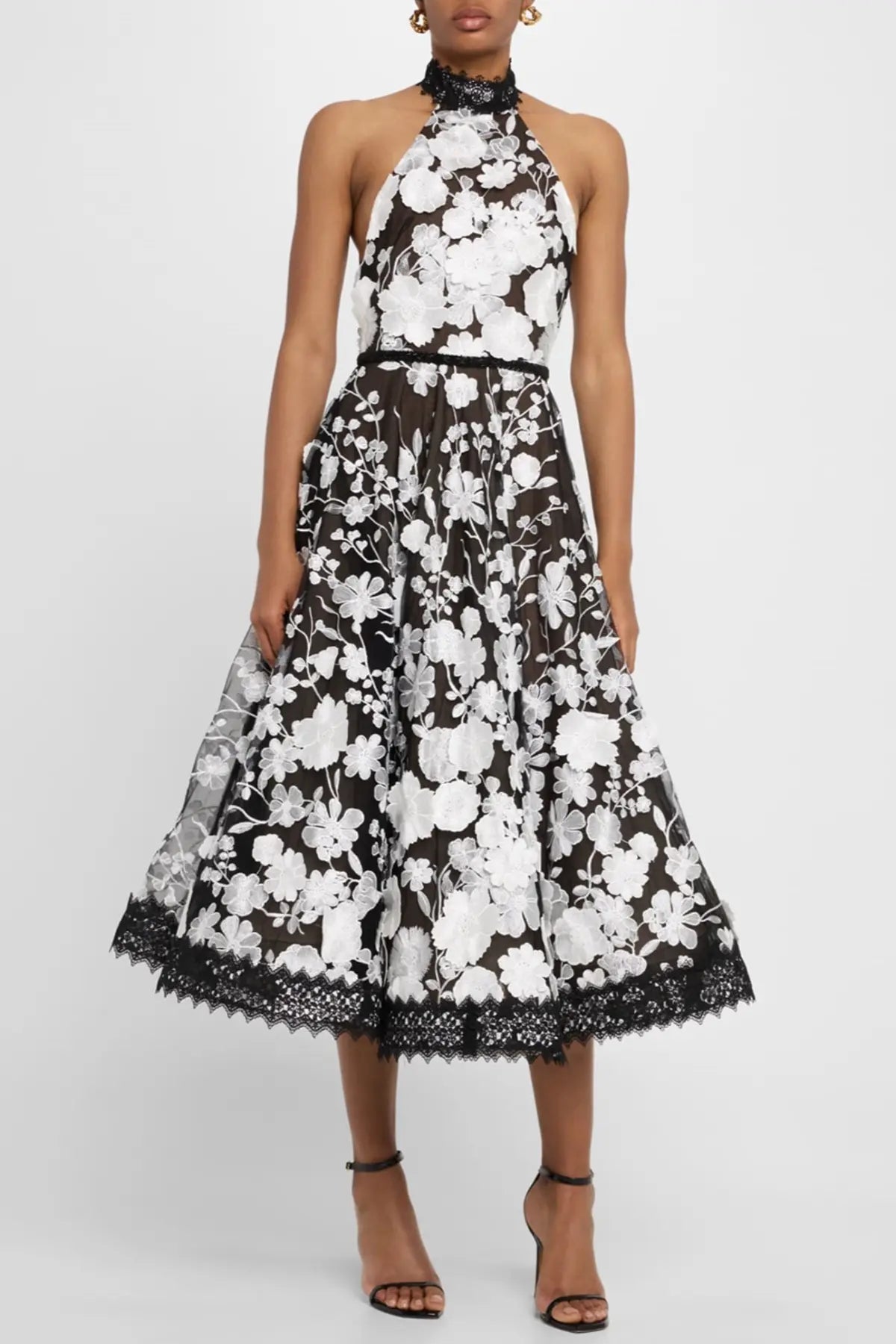alyssa black Halter Floral Embroidered Midi Dress Avalabel