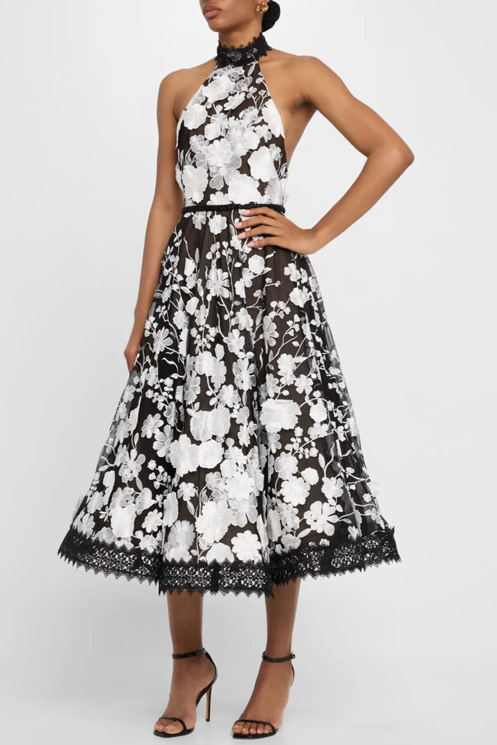 alyssa black Halter Floral Embroidered Midi Dress Avalabel