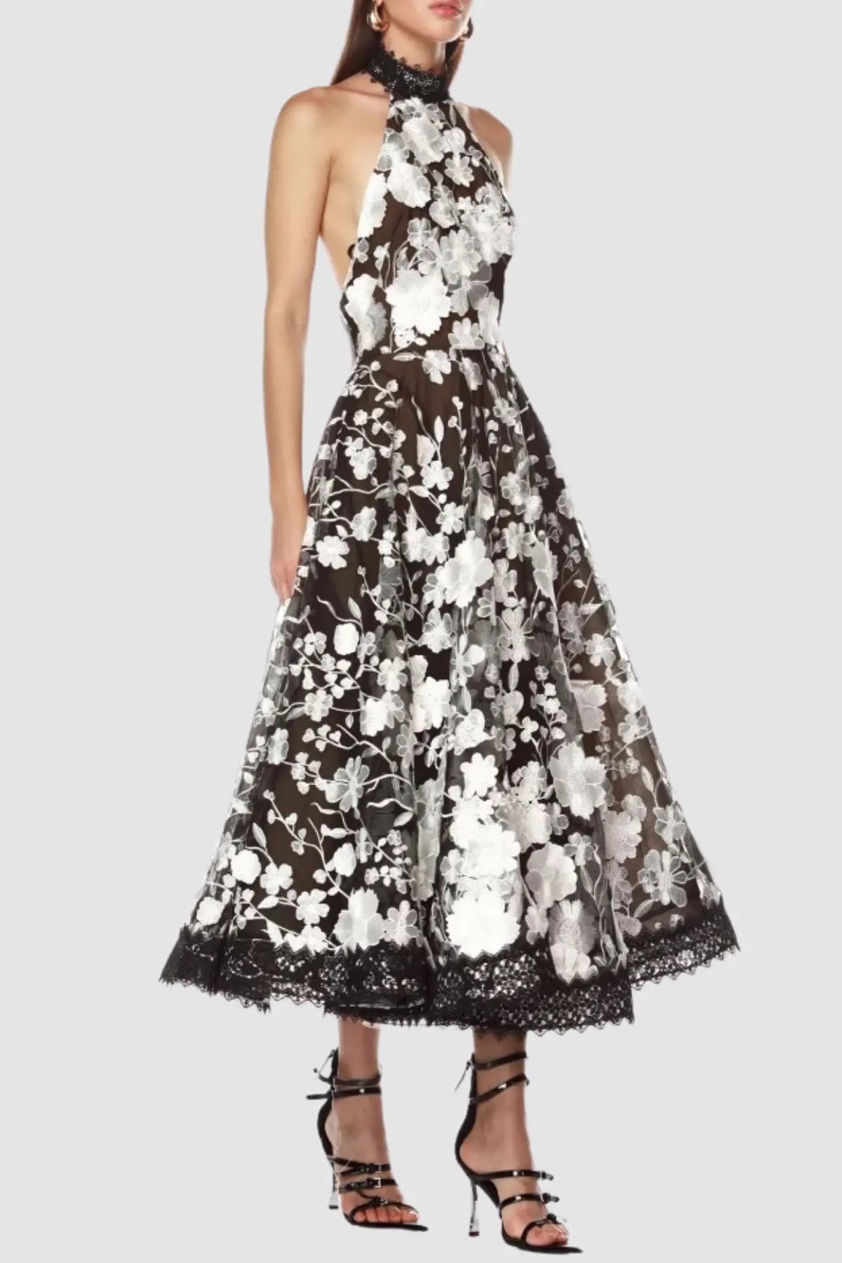 alyssa black Halter Floral Embroidered Midi Dress Avalabel