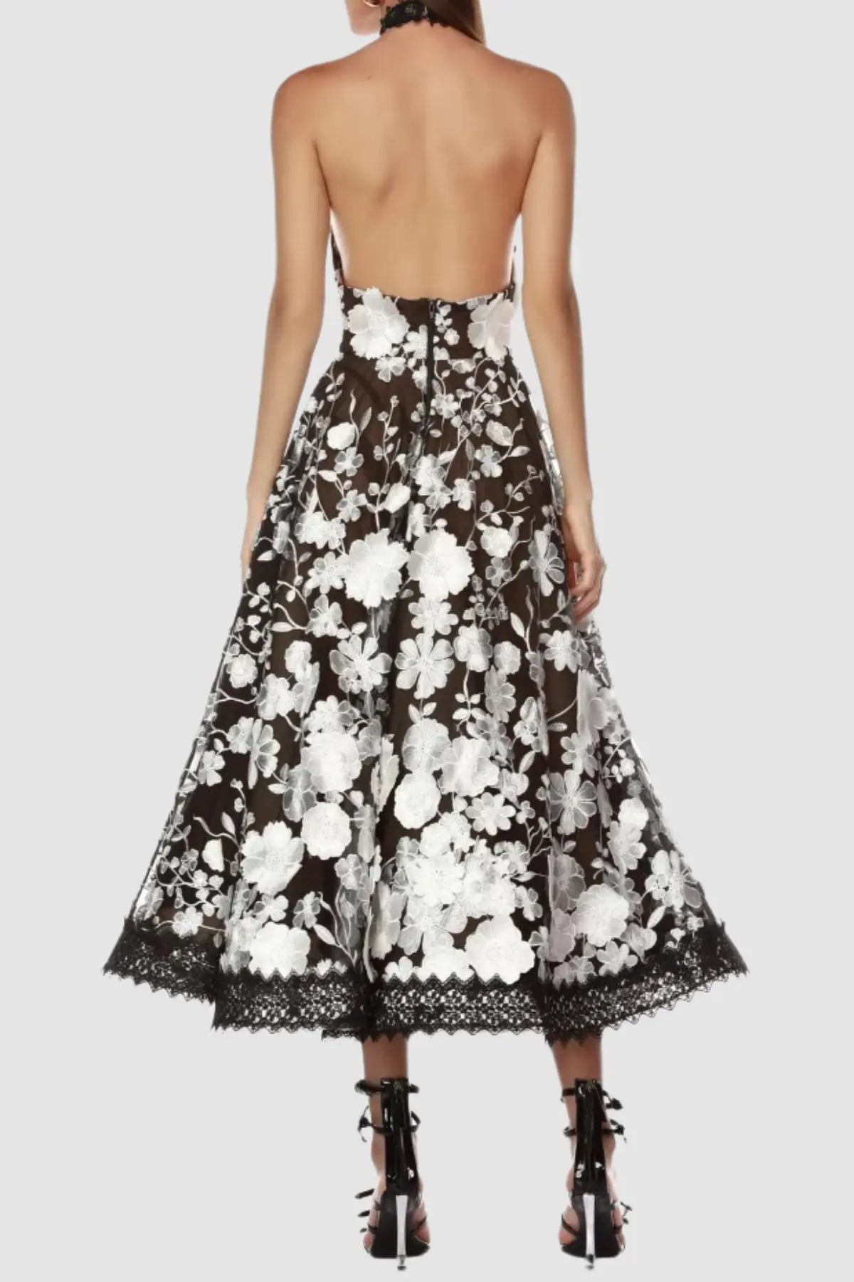 alyssa black Halter Floral Embroidered Midi Dress Avalabel