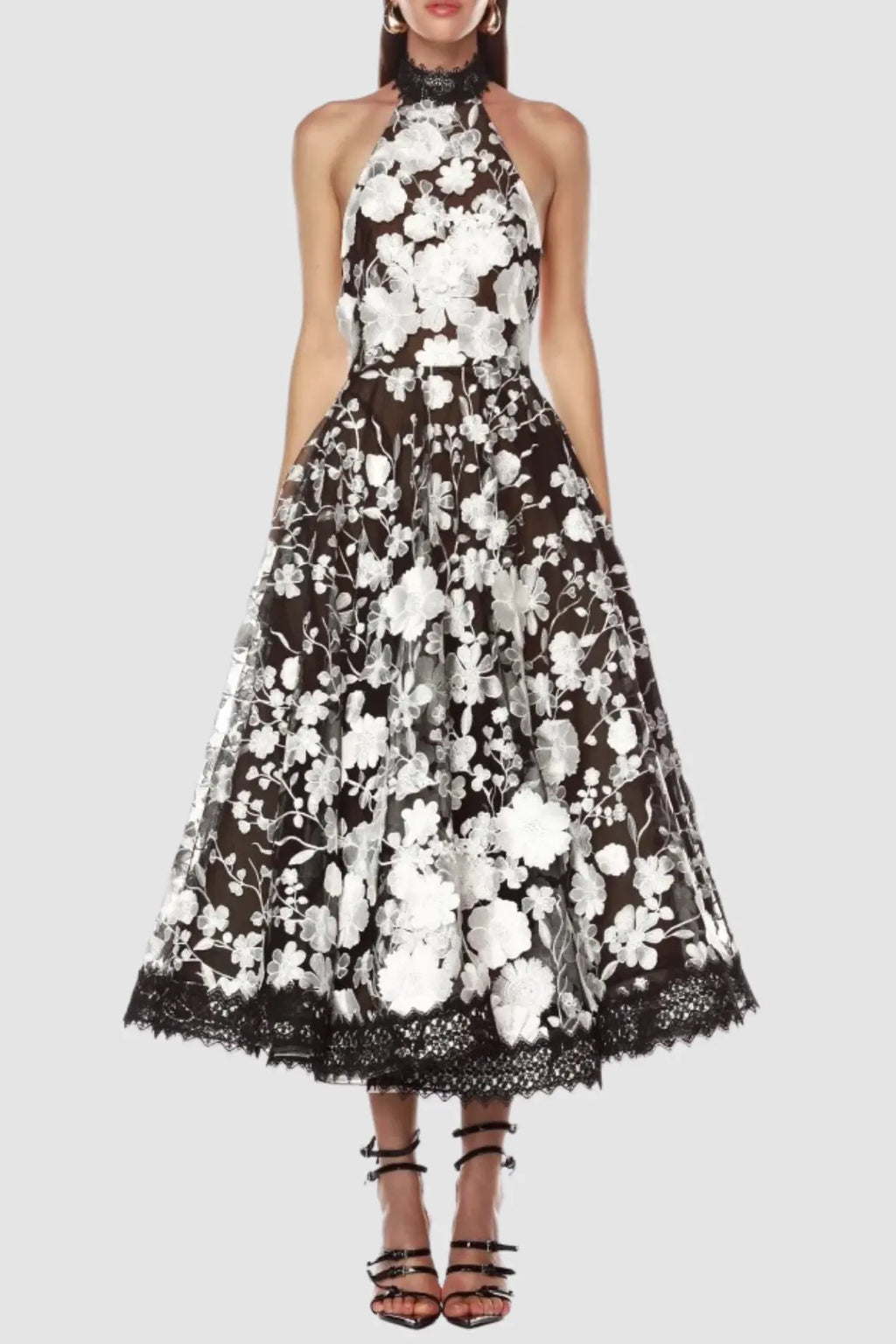 alyssa black Halter Floral Embroidered Midi Dress Avalabel