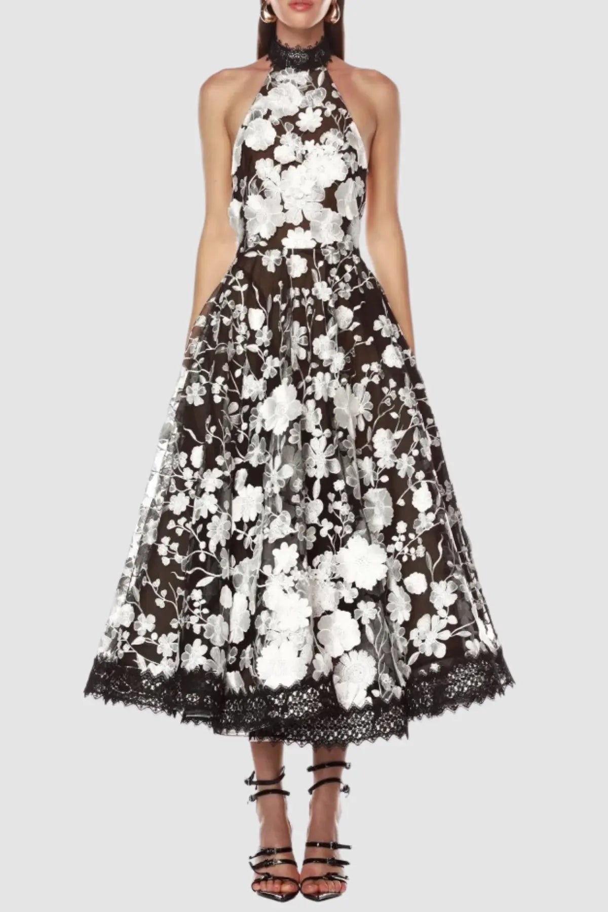 alyssa black Halter Floral Embroidered Midi Dress Avalabel