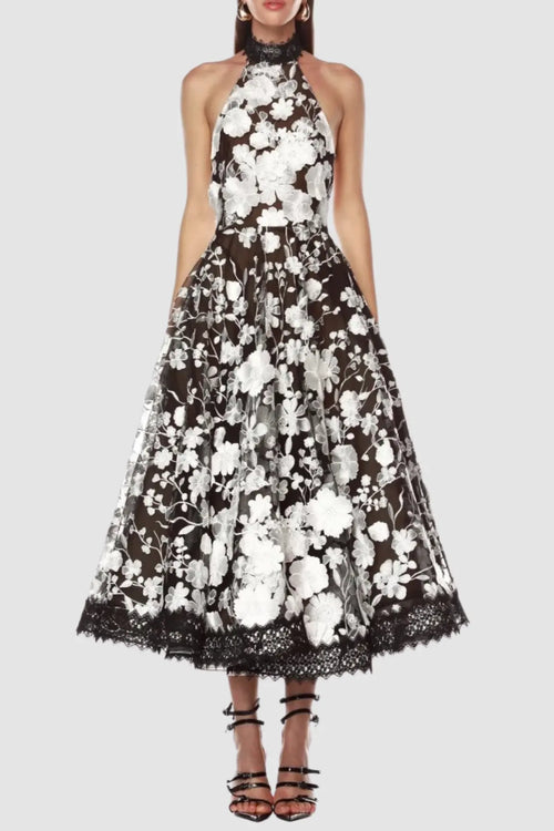 alyssa black Halter Floral Embroidered Midi Dress Avalabel