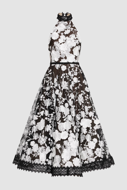 alyssa black Halter Floral Embroidered Midi Dress