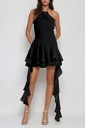 Aracely Halter Neck Mesh Ruffle Fringe Mini Dress In Black Avalabel